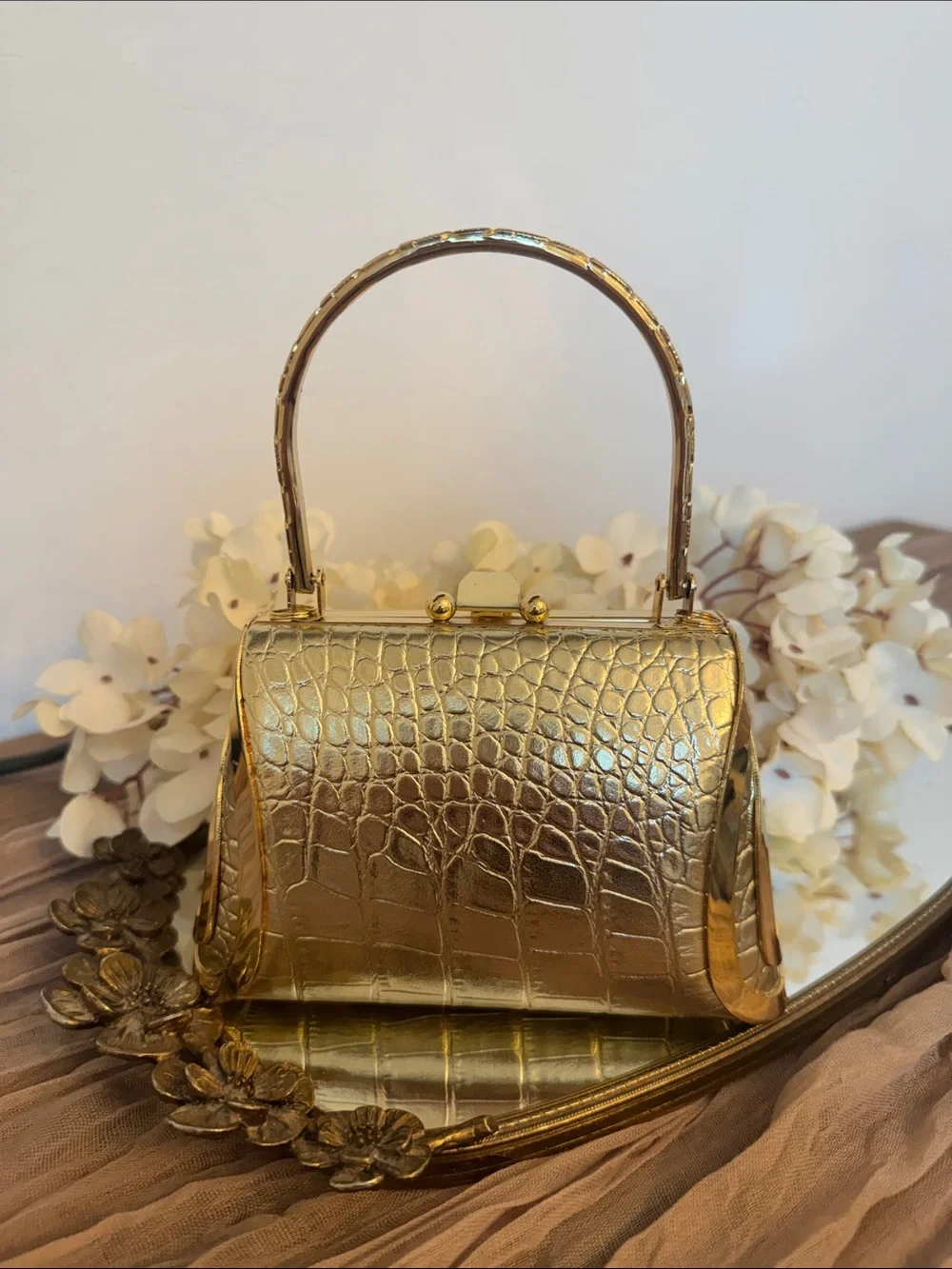 Metallic Gold Croc-Embossed Top Handle Bag with Crystal Clasp